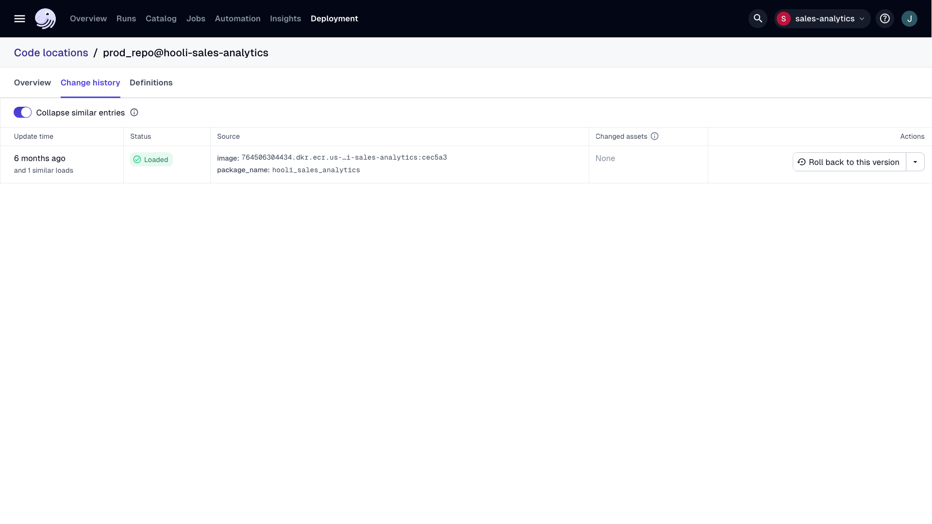 Screenshot highlighting the "Updated" column for a code location